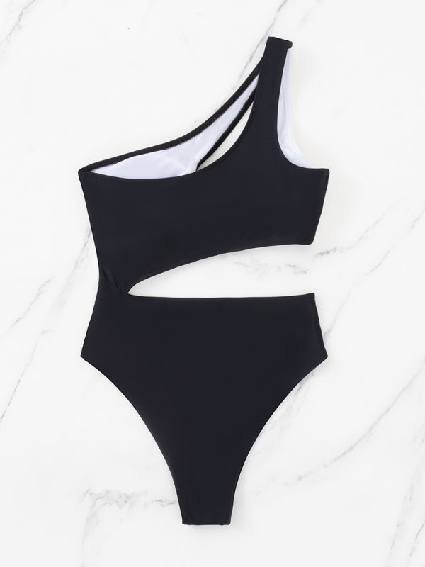 Swimwear- One Shoulder Colorblock Swimsuit | Cutout One-Piece Swimwear- - Pekosa Women Clothing