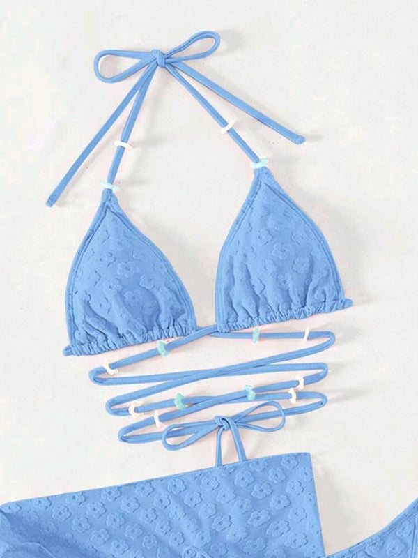 Swimwear- Summer Beach 3-Piece Bikini Swimwear with Wireless Triangle Bra & String Bottoms & Cover-Up- - Pekosa Women Clothing
