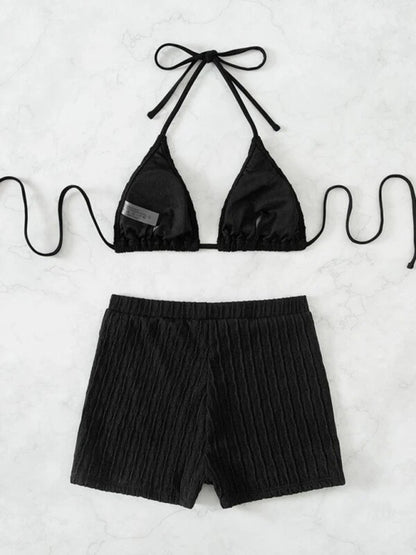 Swimwear- Textured Wireless Halter Bra & Shorts Set for Active Beach Days- - Pekosa Women Clothing