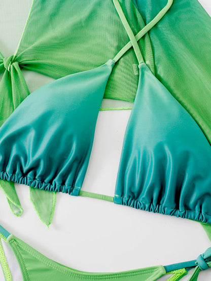 Swimwear- Triangle Bra & Tie-Side Bikini & Topper in Gradient - 3-Piece String Swimwear- - Pekosa Women Clothing