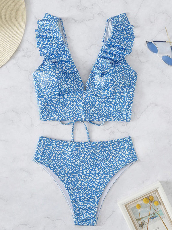 Swimwear- Tropical Wireless Ruffle Top and High Waist Tummy Control Bottoms in a Solid 2-Piece Swimwear- Blue- Pekosa Women Clothing