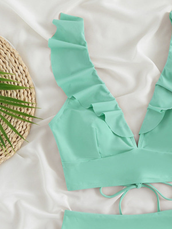 Swimwear- Tropical Wireless Ruffle Top and High Waist Tummy Control Bottoms in a Solid 2-Piece Swimwear- - Pekosa Women Clothing