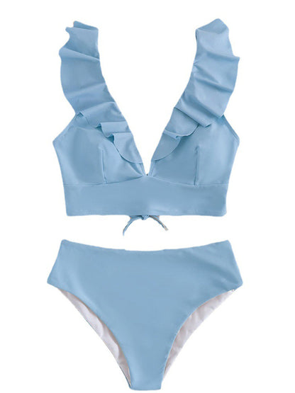 Swimwear- Tropical Wireless Ruffle Top and High Waist Tummy Control Bottoms in a Solid 2-Piece Swimwear- - Pekosa Women Clothing