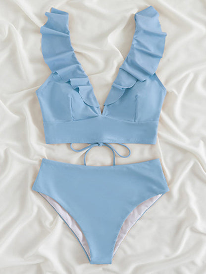 Swimwear- Tropical Wireless Ruffle Top and High Waist Tummy Control Bottoms in a Solid 2-Piece Swimwear- - Pekosa Women Clothing