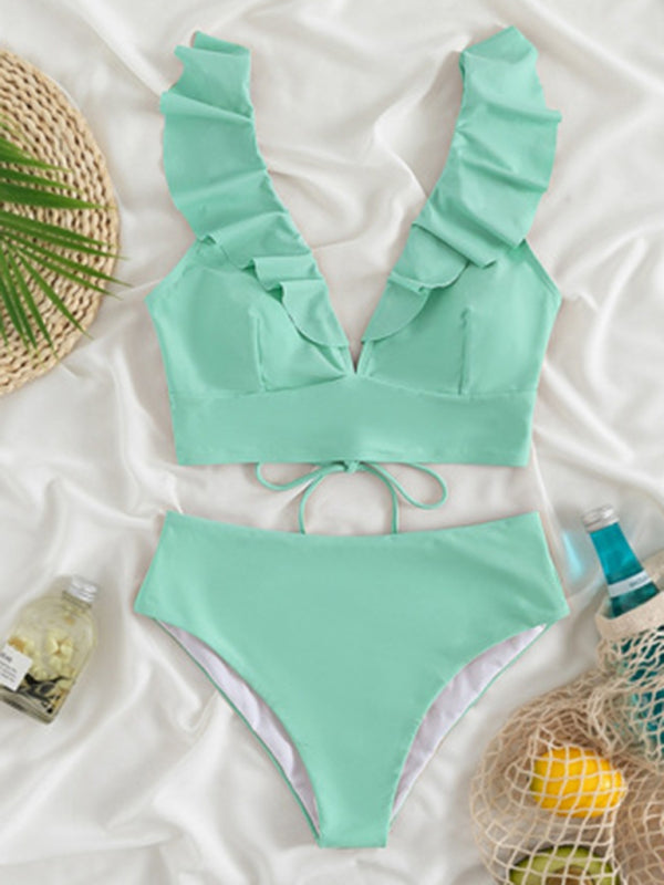 Swimwear- Tropical Wireless Ruffle Top and High Waist Tummy Control Bottoms in a Solid 2-Piece Swimwear- - Pekosa Women Clothing