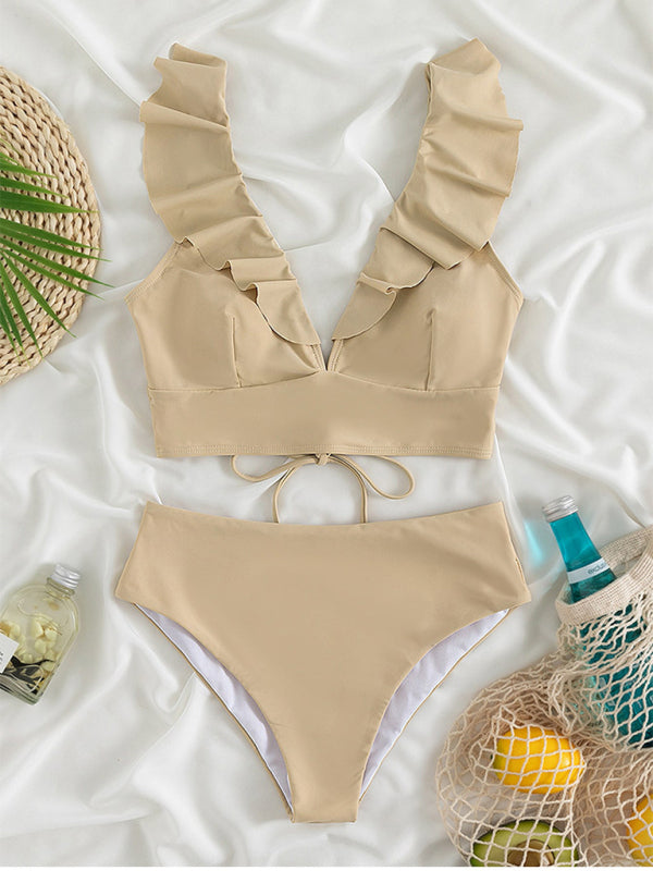 Swimwear- Tropical Wireless Ruffle Top and High Waist Tummy Control Bottoms in a Solid 2-Piece Swimwear- - Pekosa Women Clothing
