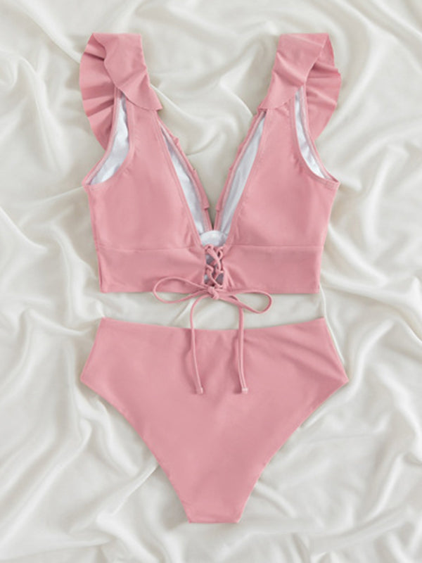 Swimwear- Tropical Wireless Ruffle Top and High Waist Tummy Control Bottoms in a Solid 2-Piece Swimwear- - Pekosa Women Clothing