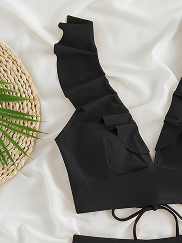 Swimwear- Tropical Wireless Ruffle Top and High Waist Tummy Control Bottoms in a Solid 2-Piece Swimwear- - Pekosa Women Clothing