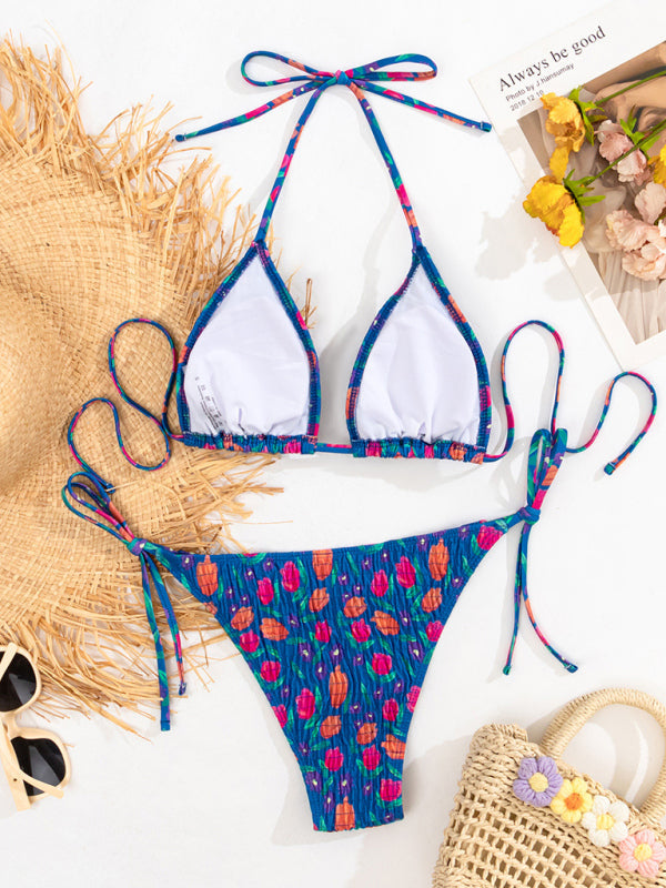 Swimwear- Wireless Triangle Padded Bra with Tie-Side Bikini | 2 Piece Floral Swimwear- - Pekosa Women Clothing