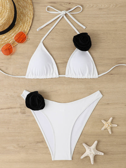 Swinsuits- Wireless Triangle Bra and Bikini Bottom in a 2-Piece Stripe Bikini Set with Contrast Flowers Appliqué- - Pekosa Women Clothing