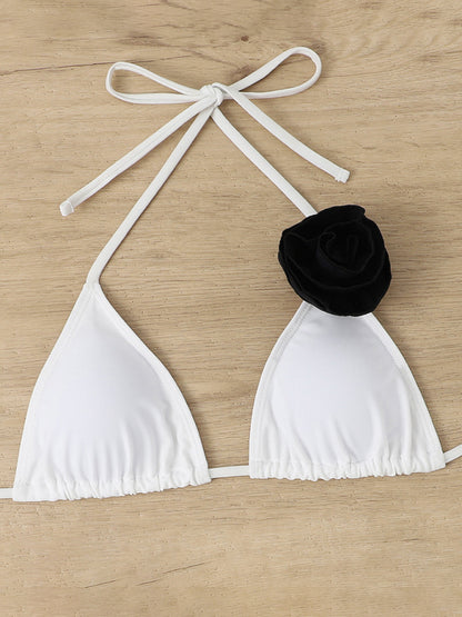 Swinsuits- Wireless Triangle Bra and Bikini Bottom in a 2-Piece Stripe Bikini Set with Contrast Flowers Appliqué- - Pekosa Women Clothing