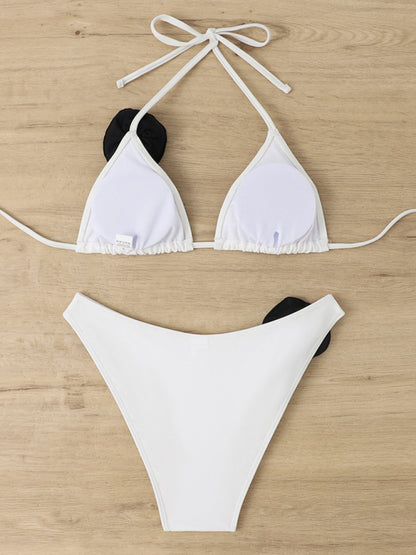 Swinsuits- Wireless Triangle Bra and Bikini Bottom in a 2-Piece Stripe Bikini Set with Contrast Flowers Appliqué- - Pekosa Women Clothing