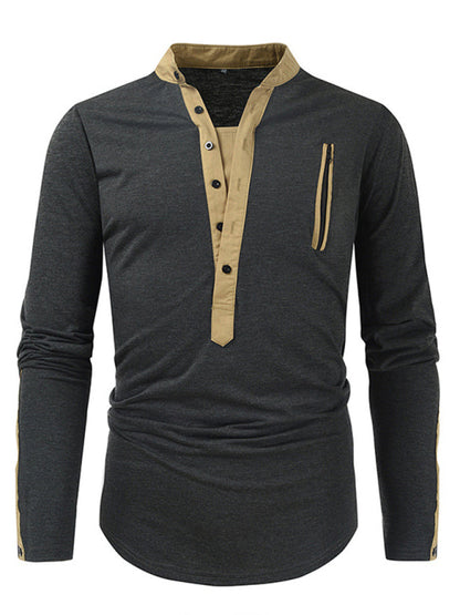 T-Shirts- Cotton Blend Men's Henley Neck Long Sleeve Tee with Buttons- Black- Pekosa Women Clothing