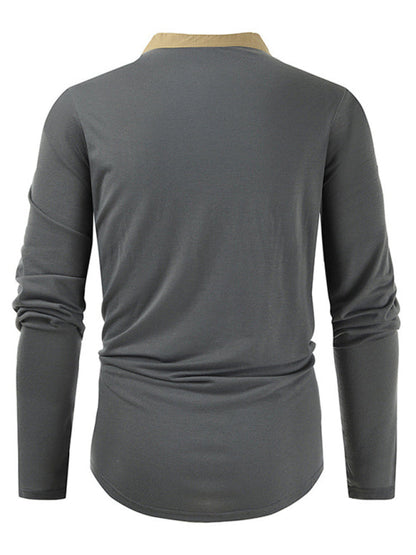 T-Shirts- Cotton Blend Men's Henley Neck Long Sleeve Tee with Buttons- - Pekosa Women Clothing