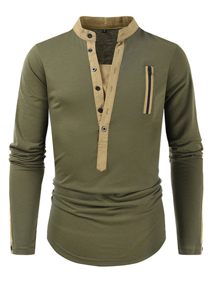 T-Shirts- Cotton Blend Men's Henley Neck Long Sleeve Tee with Buttons- Olive green- Pekosa Women Clothing