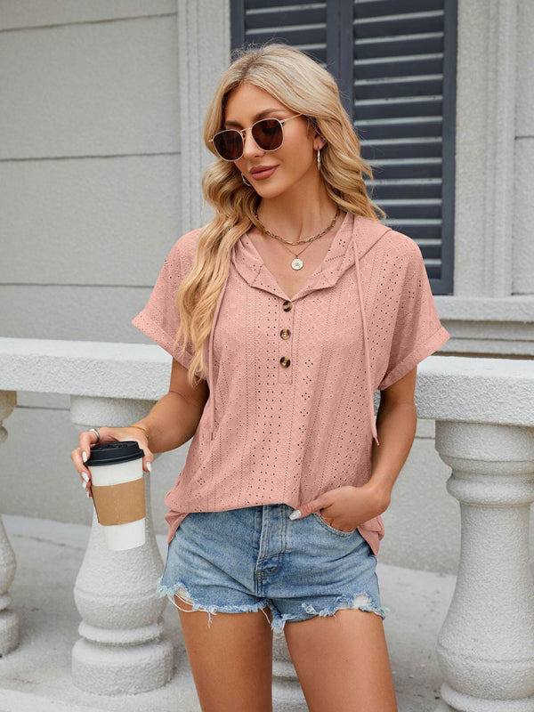 T-Shirts- Half-Buttoned Hooded T-Shirt | Short-Sleeved Textured Top- - Pekosa Women Clothing