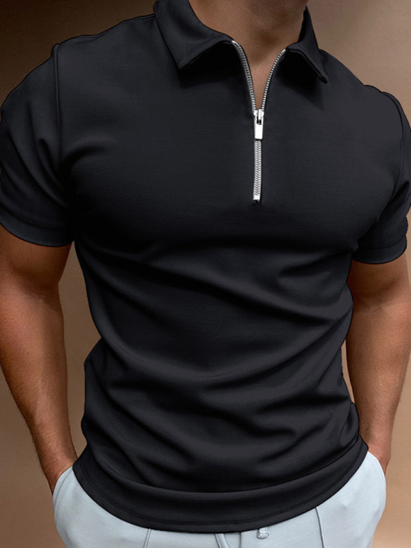 T-Shirts- Men's Solid Half Zip-Up Polo Short Sleeve T-shirt- Black- Pekosa Women Clothing