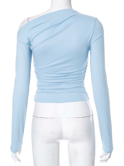 T-Shirts- One Shoulder Long Sleeve Crop Top for Casual Wear- - Pekosa Women Clothing