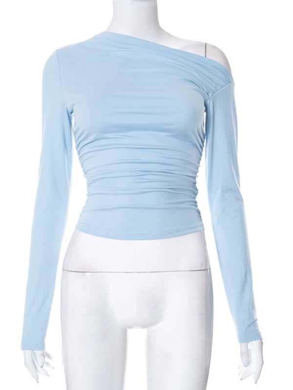 T-Shirts- One Shoulder Long Sleeve Crop Top for Casual Wear- - Pekosa Women Clothing