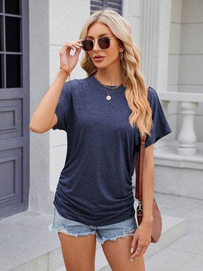 T-Shirts- Ruched Sides Tee | Casual Solid Color Short Sleeve Top- - Pekosa Women Clothing