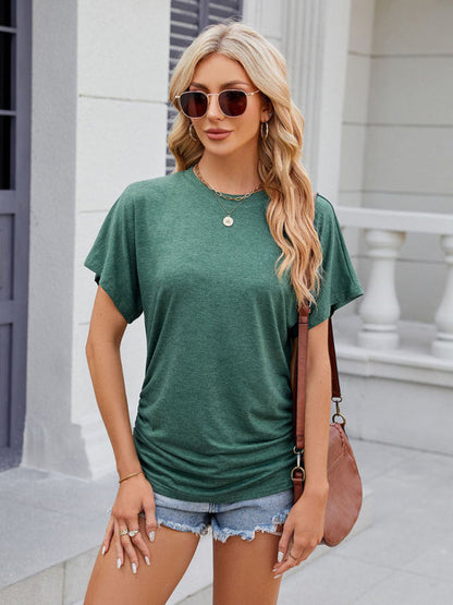 T-Shirts- Ruched Sides Tee | Casual Solid Color Short Sleeve Top- - Pekosa Women Clothing