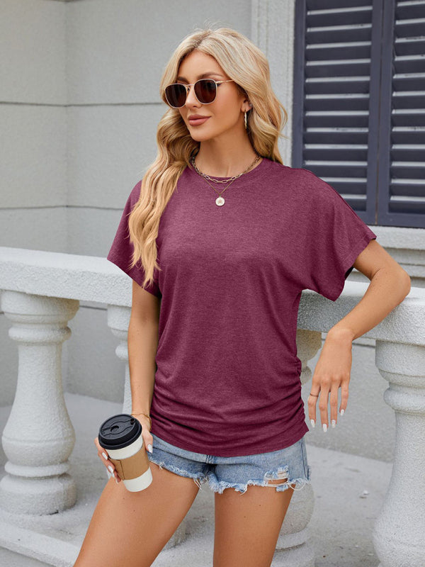 T-Shirts- Ruched Sides Tee | Casual Solid Color Short Sleeve Top- - Pekosa Women Clothing
