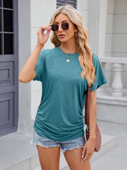 T-Shirts- Ruched Sides Tee | Casual Solid Color Short Sleeve Top- - Pekosa Women Clothing