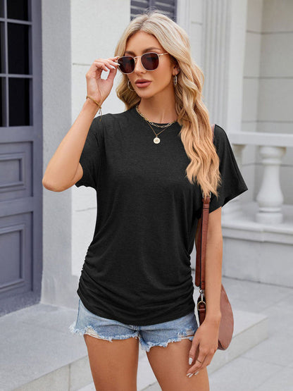 T-Shirts- Ruched Sides Tee | Casual Solid Color Short Sleeve Top- - Pekosa Women Clothing