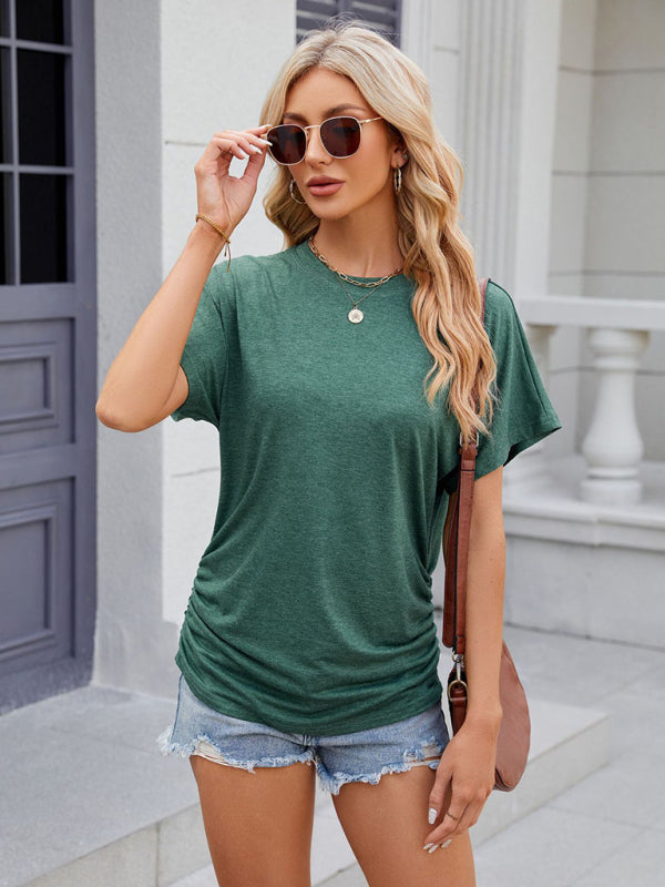 T-Shirts- Ruched Sides Tee | Casual Solid Color Short Sleeve Top- - Pekosa Women Clothing
