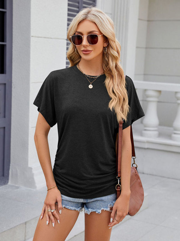 T-Shirts- Ruched Sides Tee | Casual Solid Color Short Sleeve Top- - Pekosa Women Clothing