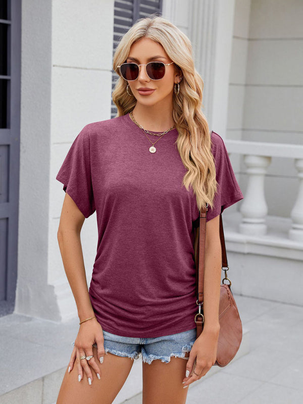 T-Shirts- Ruched Sides Tee | Casual Solid Color Short Sleeve Top- - Pekosa Women Clothing