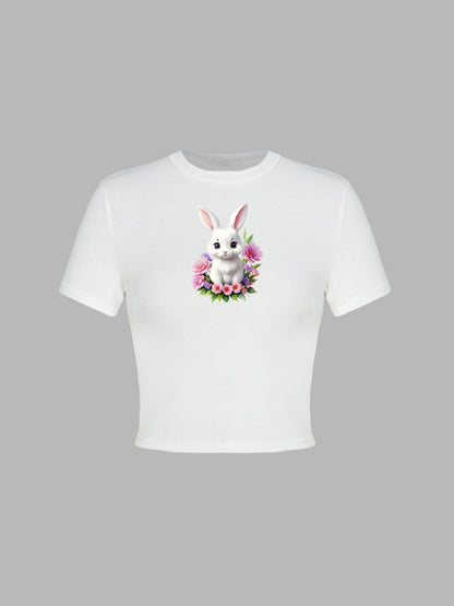 T-Shirts- Women's Easter Egg Print T-Shirt - Holly Week Bunny Crop Tee- Bud green- Pekosa Women Clothing