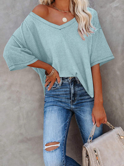 T-Shirts- Women's Waffle Knitted T-shirt - Short Sleeve V-neck Cotton Top- Clear blue- Pekosa Women Clothing