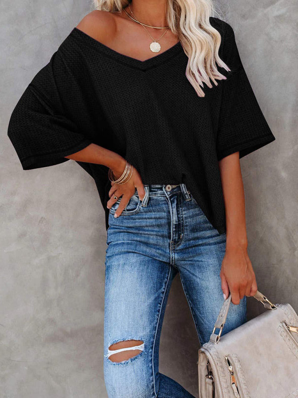 T-Shirts- Women's Waffle Knitted T-shirt - Short Sleeve V-neck Cotton Top- Black- Pekosa Women Clothing