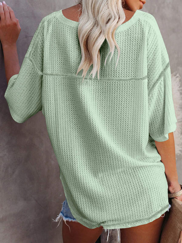 T-Shirts- Women's Waffle Knitted T-shirt - Short Sleeve V-neck Cotton Top- - Pekosa Women Clothing