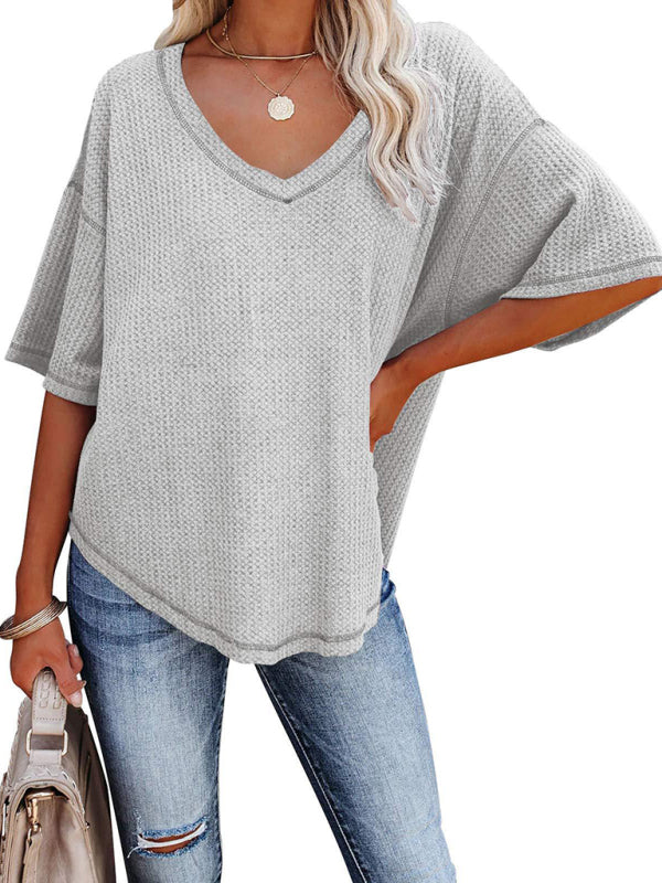 T-Shirts- Women's Waffle Knitted T-shirt - Short Sleeve V-neck Cotton Top- - Pekosa Women Clothing