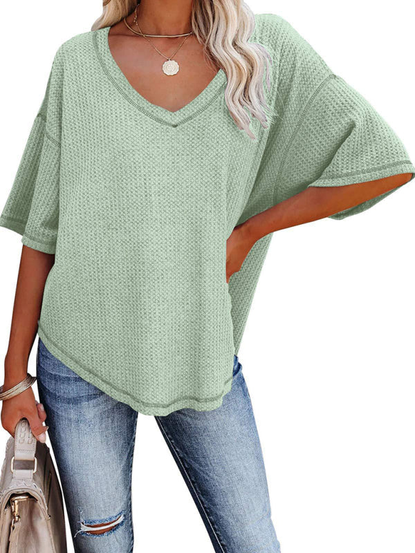 T-Shirts- Women's Waffle Knitted T-shirt - Short Sleeve V-neck Cotton Top- - Pekosa Women Clothing