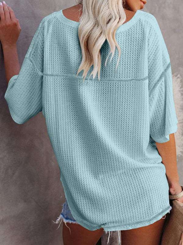 T-Shirts- Women's Waffle Knitted T-shirt - Short Sleeve V-neck Cotton Top- - Pekosa Women Clothing