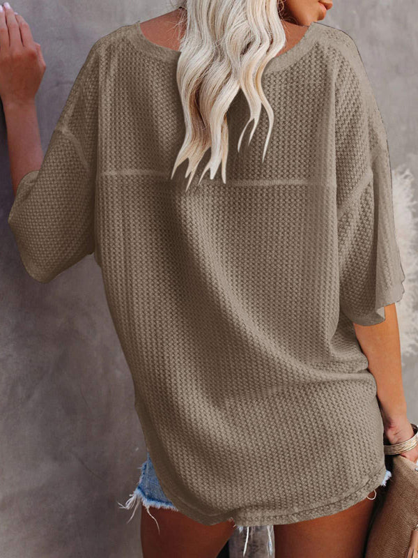 T-Shirts- Women's Waffle Knitted T-shirt - Short Sleeve V-neck Cotton Top- - Pekosa Women Clothing