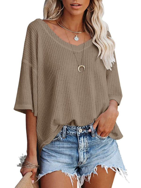 T-Shirts- Women's Waffle Knitted T-shirt - Short Sleeve V-neck Cotton Top- - Pekosa Women Clothing