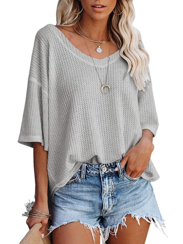 T-Shirts- Women's Waffle Knitted T-shirt - Short Sleeve V-neck Cotton Top- - Pekosa Women Clothing