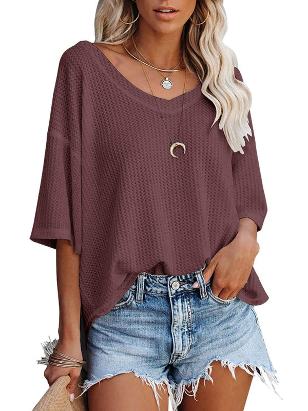 T-Shirts- Women's Waffle Knitted T-shirt - Short Sleeve V-neck Cotton Top- - Pekosa Women Clothing