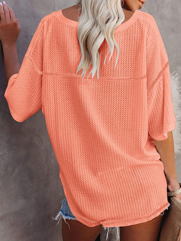 T-Shirts- Women's Waffle Knitted T-shirt - Short Sleeve V-neck Cotton Top- - Pekosa Women Clothing