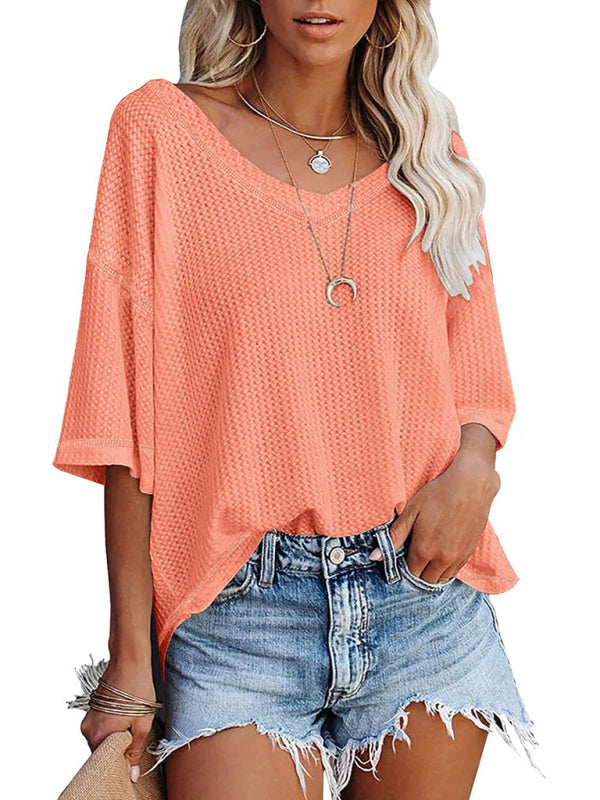 T-Shirts- Women's Waffle Knitted T-shirt - Short Sleeve V-neck Cotton Top- - Pekosa Women Clothing