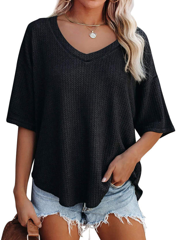 T-Shirts- Women's Waffle Knitted T-shirt - Short Sleeve V-neck Cotton Top- - Pekosa Women Clothing