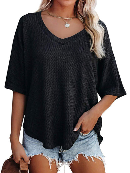 T-Shirts- Women's Waffle Knitted T-shirt - Short Sleeve V-neck Cotton Top- - Pekosa Women Clothing