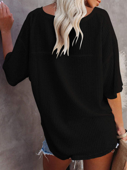 T-Shirts- Women's Waffle Knitted T-shirt - Short Sleeve V-neck Cotton Top- - Pekosa Women Clothing