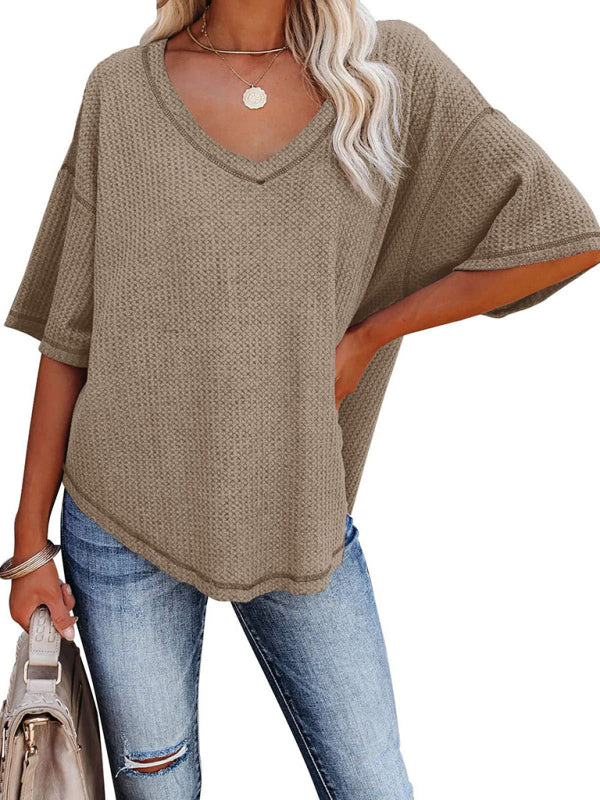 T-Shirts- Women's Waffle Knitted T-shirt - Short Sleeve V-neck Cotton Top- - Pekosa Women Clothing
