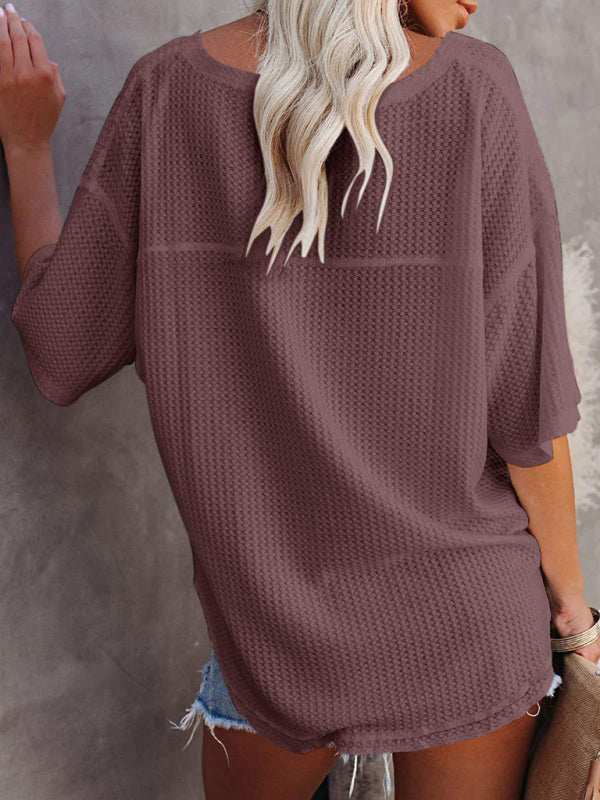 T-Shirts- Women's Waffle Knitted T-shirt - Short Sleeve V-neck Cotton Top- - Pekosa Women Clothing