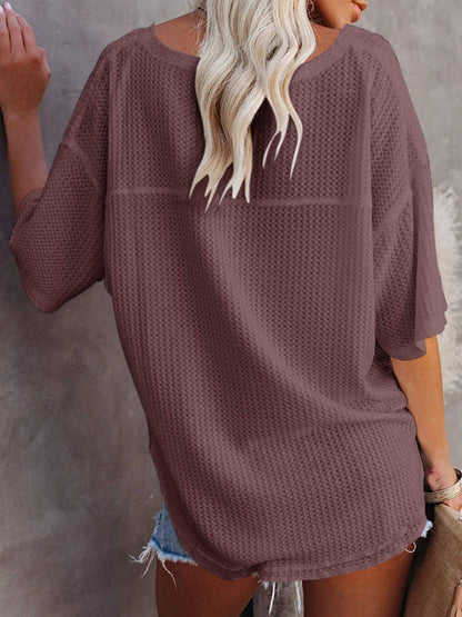 T-Shirts- Women's Waffle Knitted T-shirt - Short Sleeve V-neck Cotton Top- - Pekosa Women Clothing